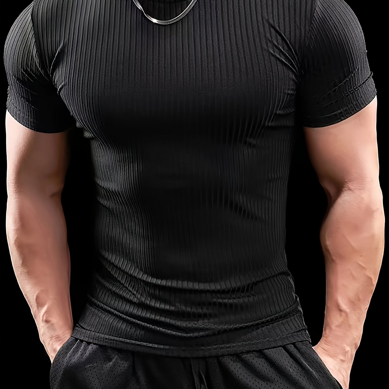 Men's Slim Fit Ribbed Short Sleeve T-Shirt - Stretchy Athletic & Casual Wear, Green, Round Neck, Machine Washable, Muscle-Enhancing Design, Gym Shirts