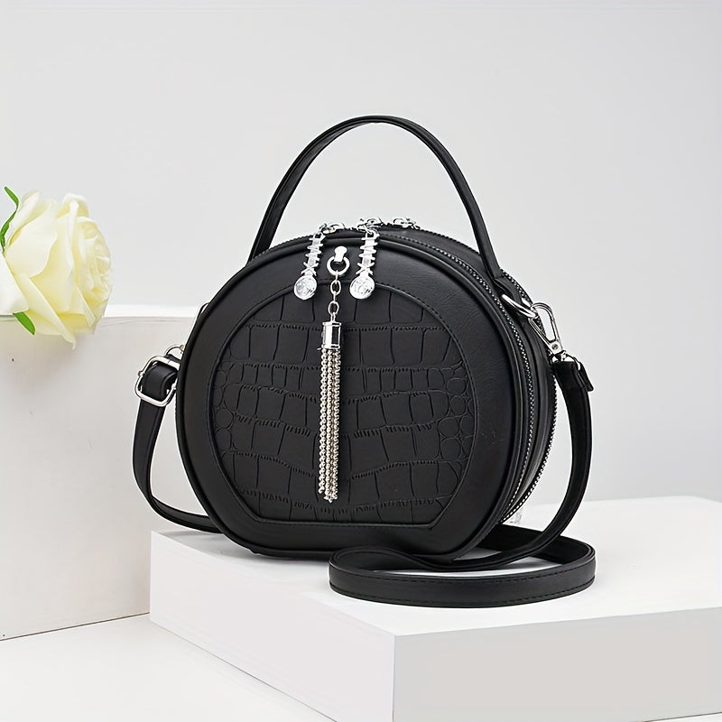 Round Crocodile Pattern Handbag, Fashion Mini Crossbody Bag, Women's Zipper Shoulder Purse