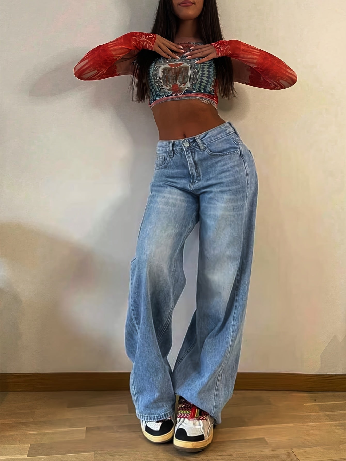 Women's Fashion Wide Leg Jeans, Casual High-Waisted Denim Pants with Pockets, All-Season Solid Color, Comfortable Slimming Design, 54.10% 35.10% Polyester 9.50% Viscose 1.30% Elastane
