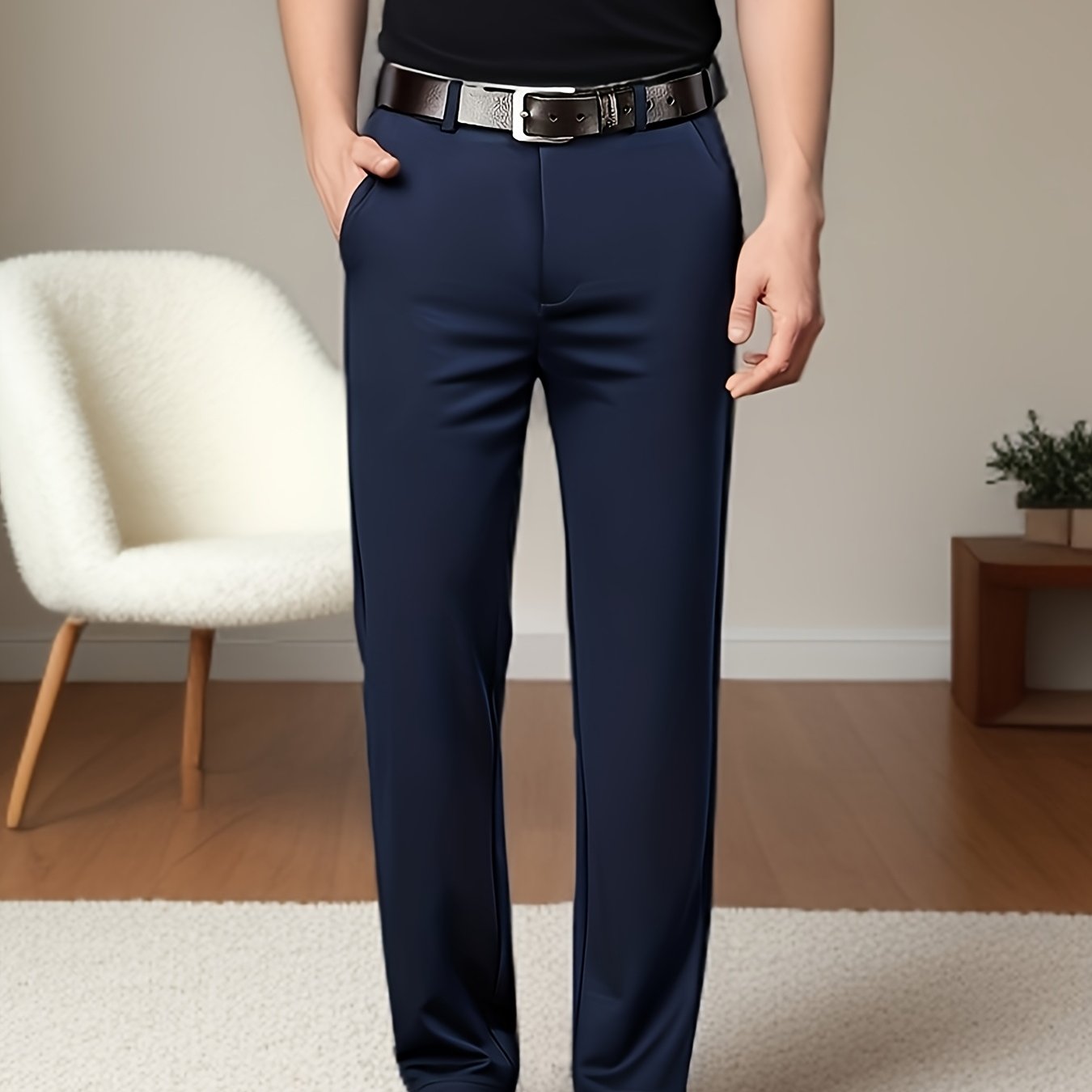 Men'S Classic Black Dress Pants - Nylon Blend, Straight Leg, Straight Leg Pants for Business Occasions