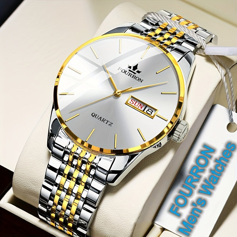 An Ideal Choice For A New FOURRON Brand Men's Luxury Stainless Steel Strap Simple Dial Quartz Watch With Date Calendar, Trendy Fashion Sports Casual Lifestyle Travel Multi-function Watch, Ideal For Friends' Birthdays, Holiday