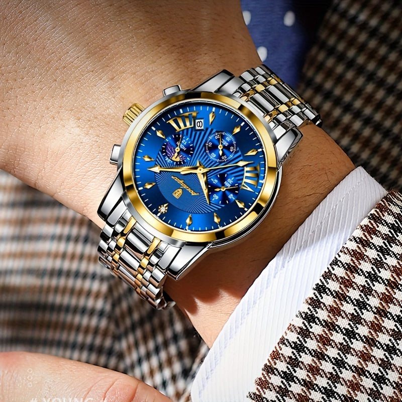 BINBOND Men'S Luxury Quartz Watch - Stainless Steel Band, Blue & Golden Skeleton Dial, Water-Resistant, Elegant Design for Casual Attire, Perfect Gift for Christmas, Valentine'S Day, or Thanksgiving, Business Watch | Stylish