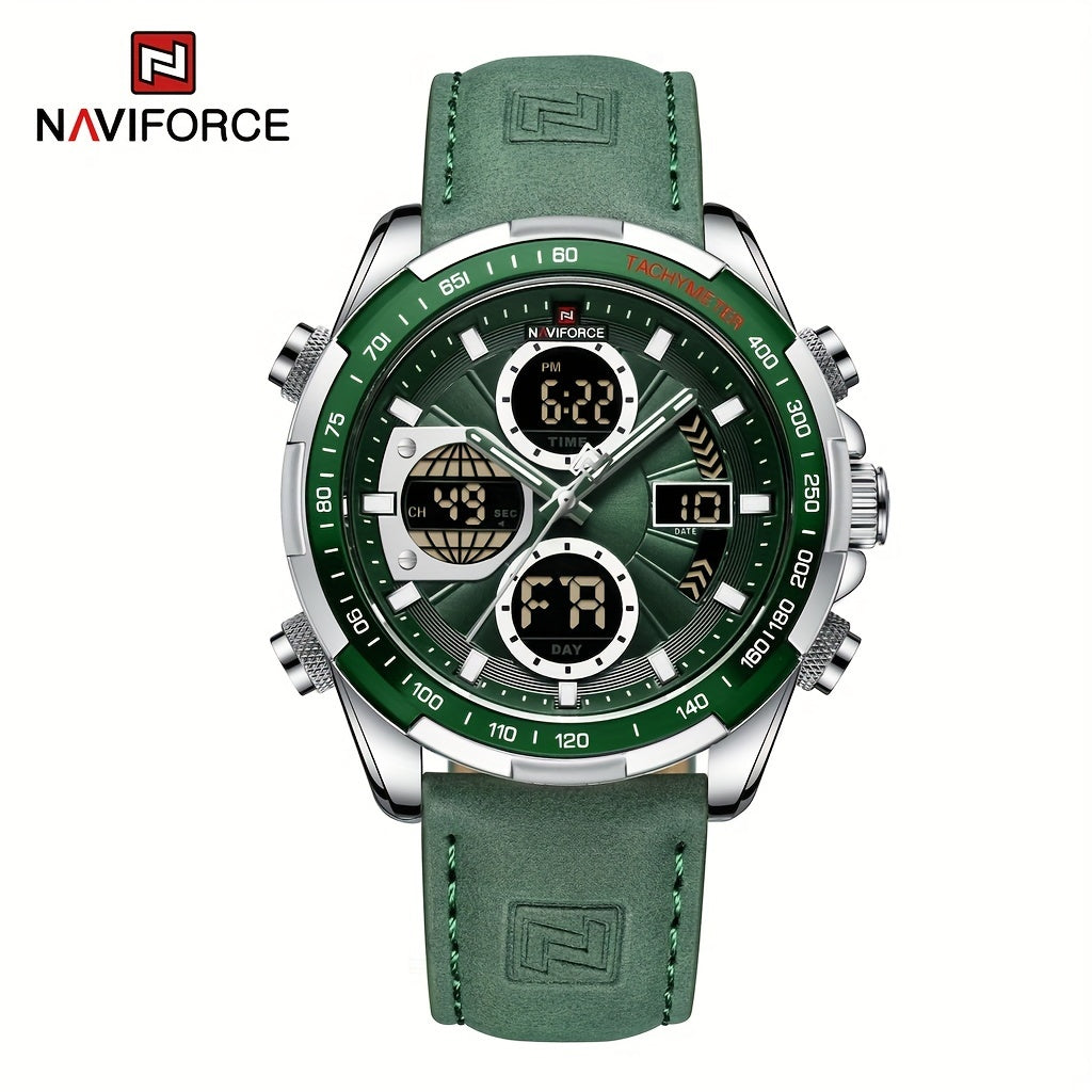 NAVIFORCE Men's Luxury Sports Quartz Watch - Waterproof, Genuine Leather Strap, Dual Display with Date & Chronograph Functions, Case, Green Accents, Luxury Timepiece|Tachymeter Equipped|Genuine Leather Band Valentine's Day