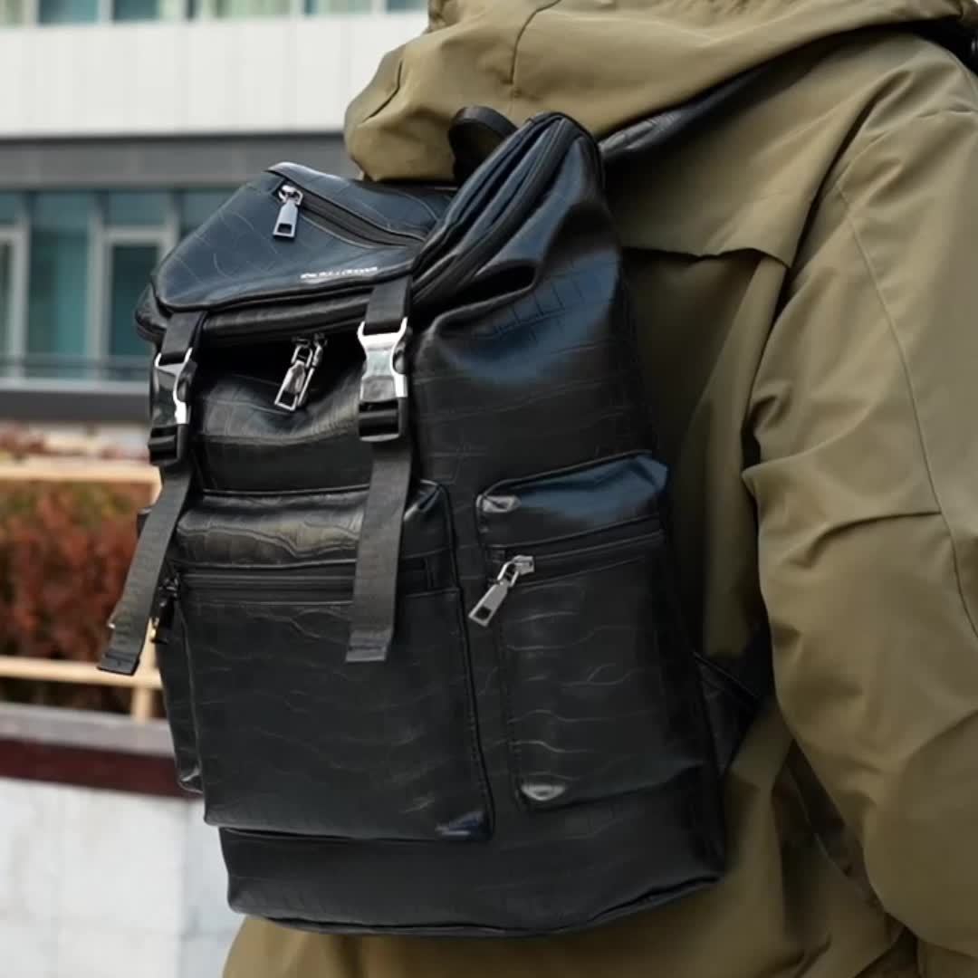 Unisex Backpack with Crocodile Texture, Large Capacity, Anti-Theft, Multi-Compartment, Fits 14-inch Laptop, Casual Travel & Business Commute, Minimalist Style, No Battery - Black