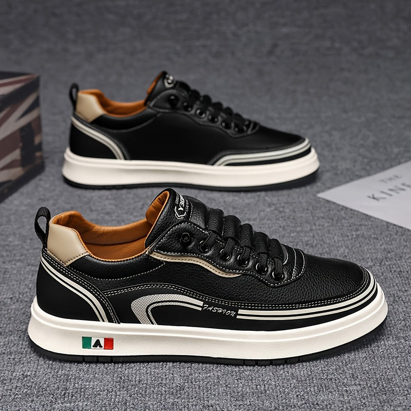 FC06 Men'S Casual Sneakers - Black & White Low-Top Lace-Up Shoes with Italian Flag Design, Faux Cover Upper, Cushioned PVC Sole, Breathable Fabric Lining for All-Season Comfort, Everyday Footwear, Modern Sneakers, Fabric Line