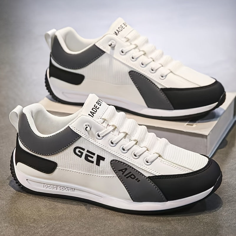1 Pair Men's Breathable Low-Top Casual Sneakers - White & Black PU Upper with Rubber Sole, Lightweight Walking Shoes for Spring Summer Fall, Lace-Up Design & Fabric Lining, Spring Summer Footwear, Comfortable Fabric Lining