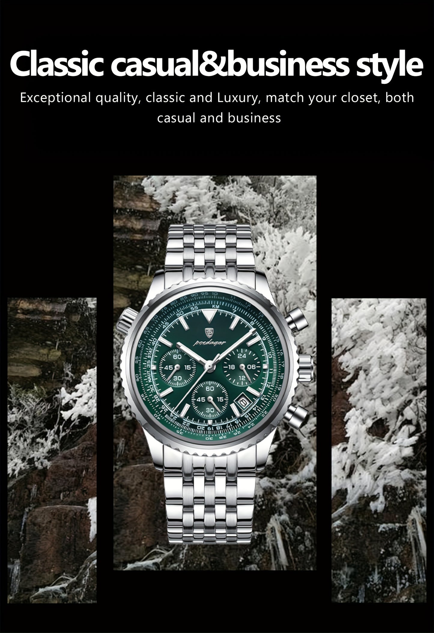 Berda Tomato Business Dominant High-end Luxury Stainless Steel Watch Waterproof Luminous Calendar Quartz Men's Watch, POEDAGAR
