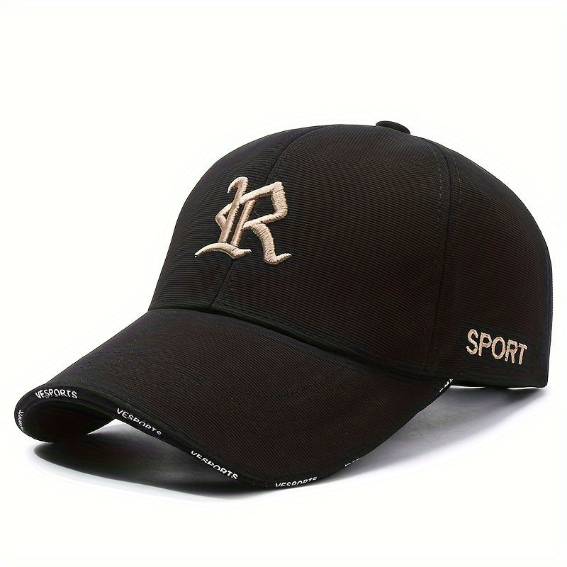 "R" Embroidered Baseball Cap - Sleek Black Dad Hat with Curved Brim, Comfortable & Breathable, Ideal for Outdoor Activities, One Size Fits All
