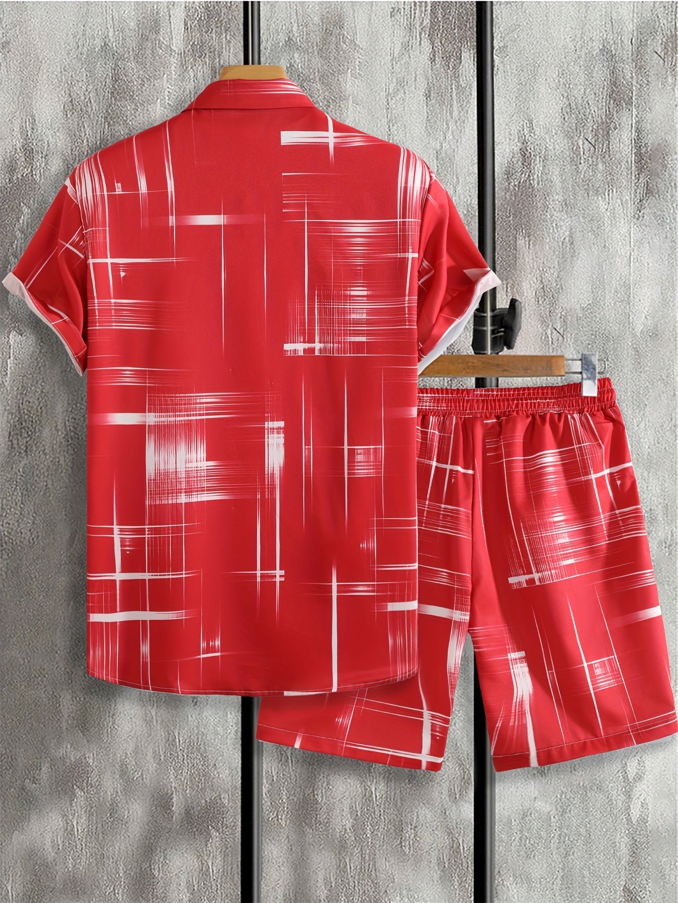 Men'S Stylish Gradient Shirt Set - Brown & White Geometric Pattern, Short Sleeve with Pocket, Loose Fit Shorts, Perfect for Beach, Camping, Fishing & Outdoor Activities, Casual Attire|Geometric Pattern Shirt|Woven Fabri