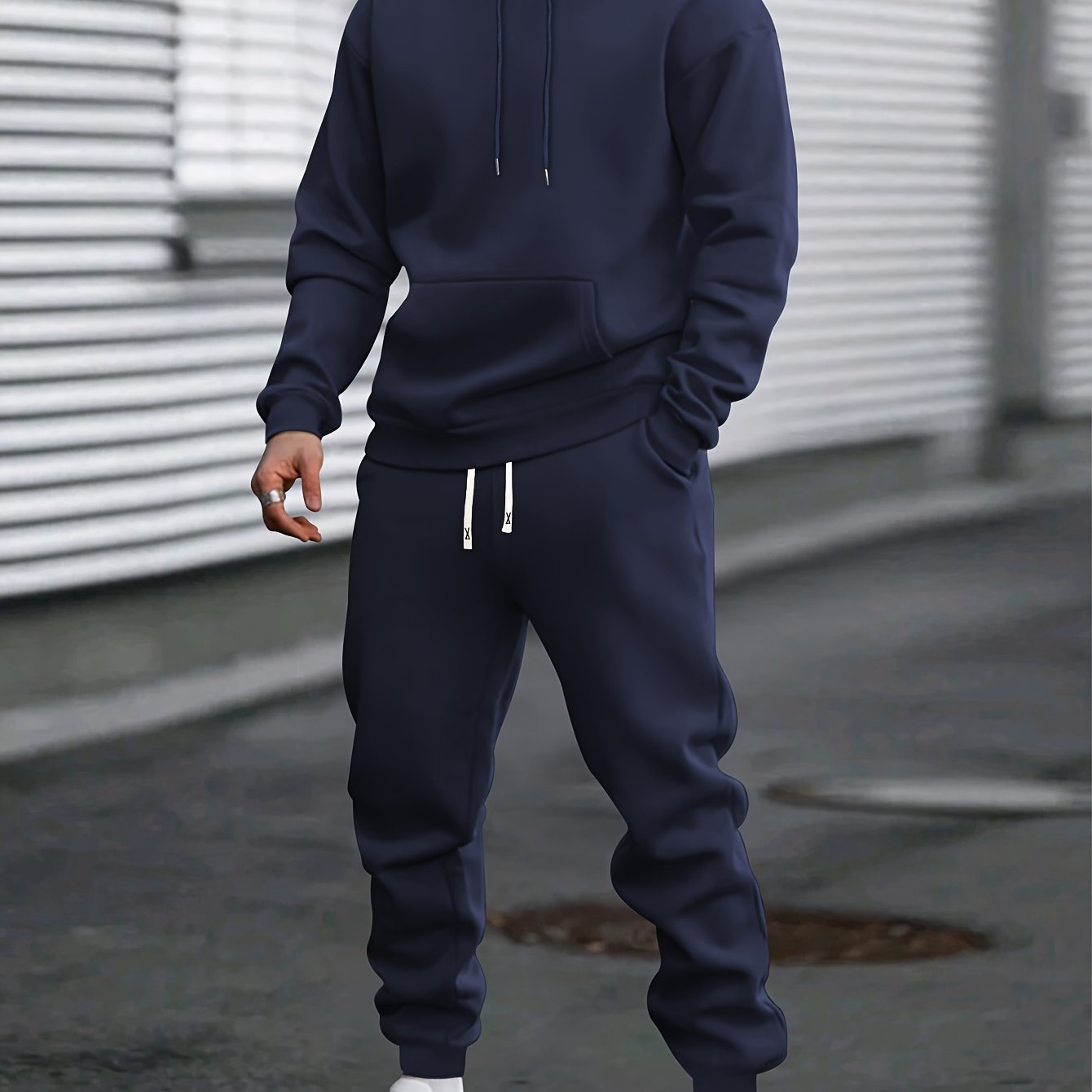 1set Men'S Casual Sports Suit, Polyester Hooded Sweatshirt and Jogger Pants Set, Solid Color, Elastic Waist, Cuffed Ankles, Knit Pullover with Pockets, Regular Fit for Outdoor Running and Jogging - Spring/Autumn Collection