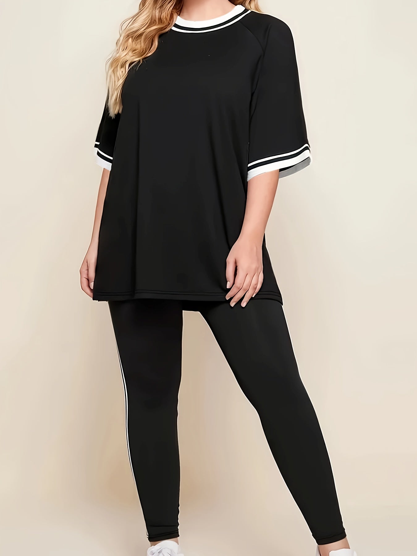 Women'S Plus Size Casual Lounge Set - Gray & White Striped Oversized T-Shirt with Matching Joggers, Comfortable All-Season Home Outfit, Joggers for Women