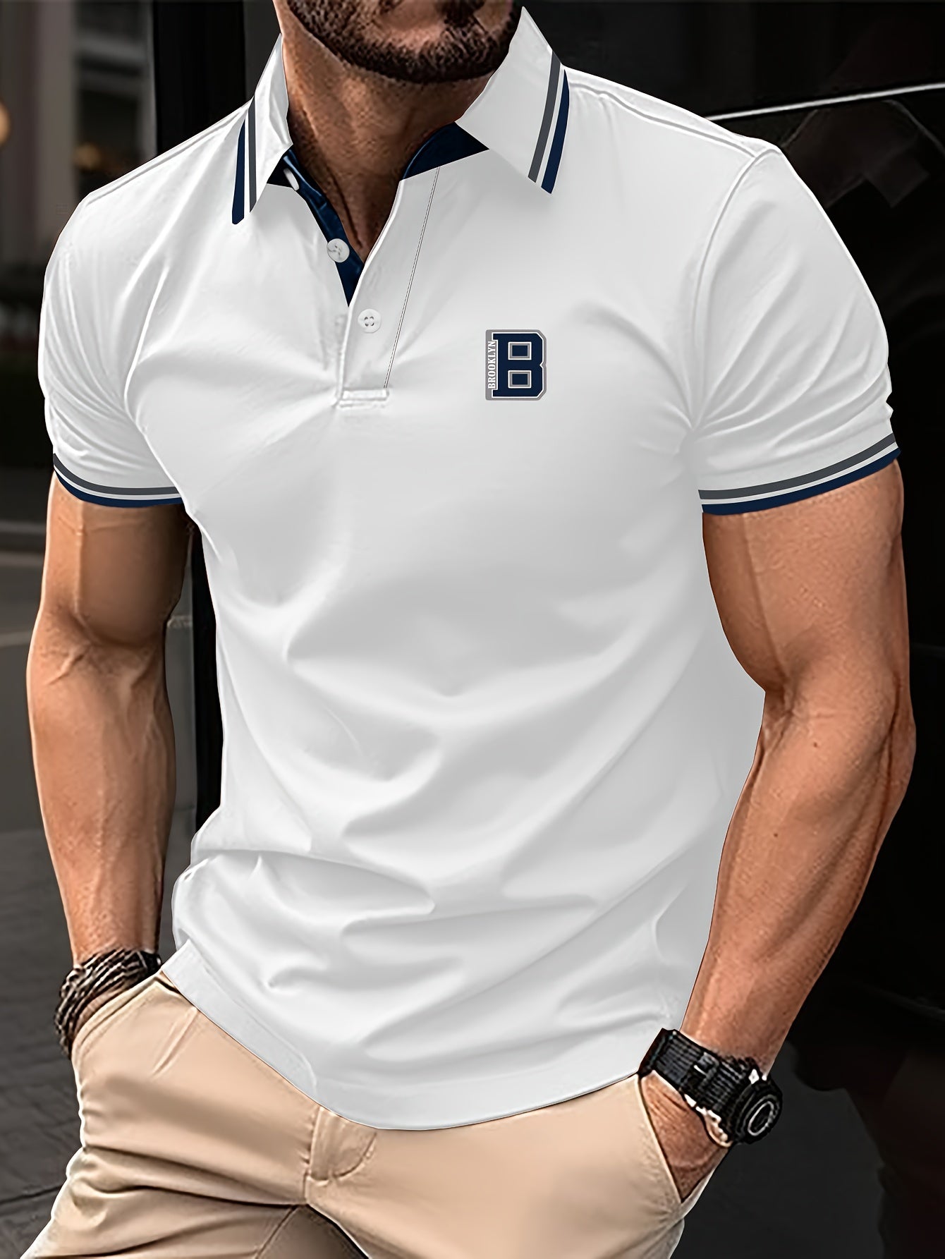 Men's Trendy Simple Letter Print Color Block Short Sleeve Button Up Lapel Shirt For Summer Daily, Golf Shirt