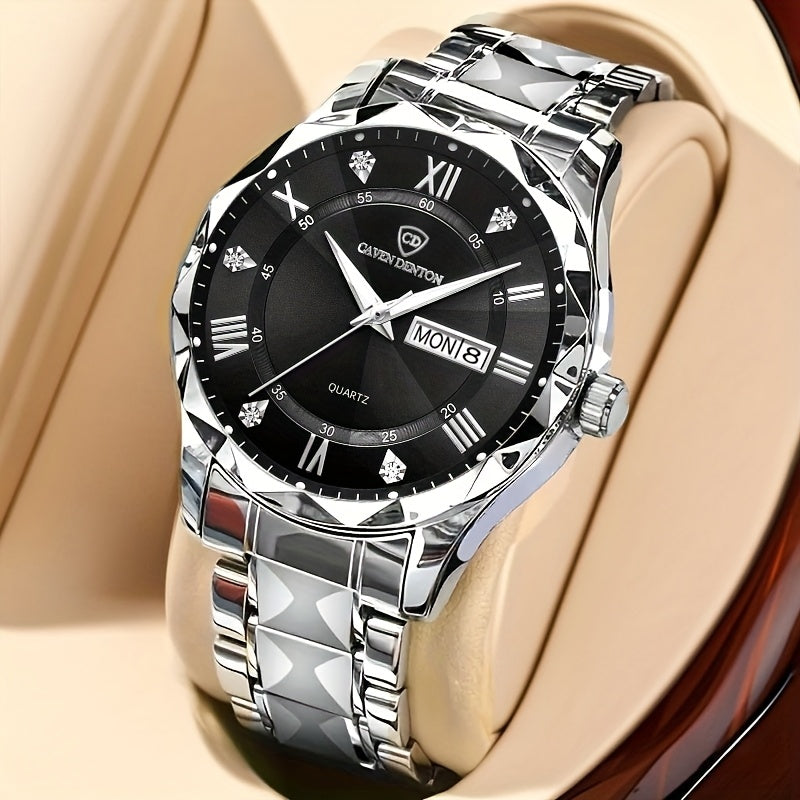 Men'S Quartz Business Watch with Rhinestone-Embellished Luminous Dial, Stainless Steel Strap & Case, Date & Day Display, IPX7 Water-Resistant - Ideal for Travel, Work, Outdoor - Perfect Gift for Birthdays, Holidays, Anniversa