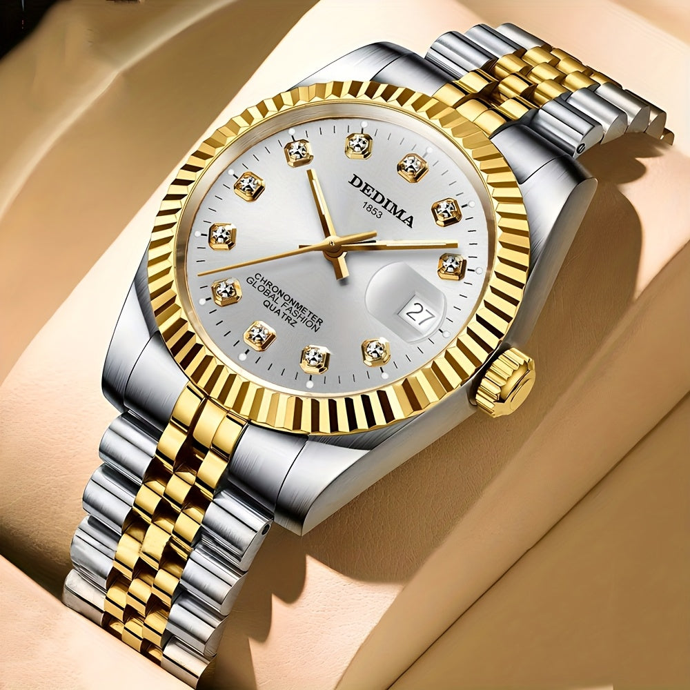 DEDIMA Elegant Stainless Steel Band Calendar Watch, Quartz Movement, Round Dial with Rhinestones, Battery-Powered, Non-Rechargeable Button Battery, Regular Cleaning, for Men, Women, Students, Christmas, Valentine'S Day, Thank