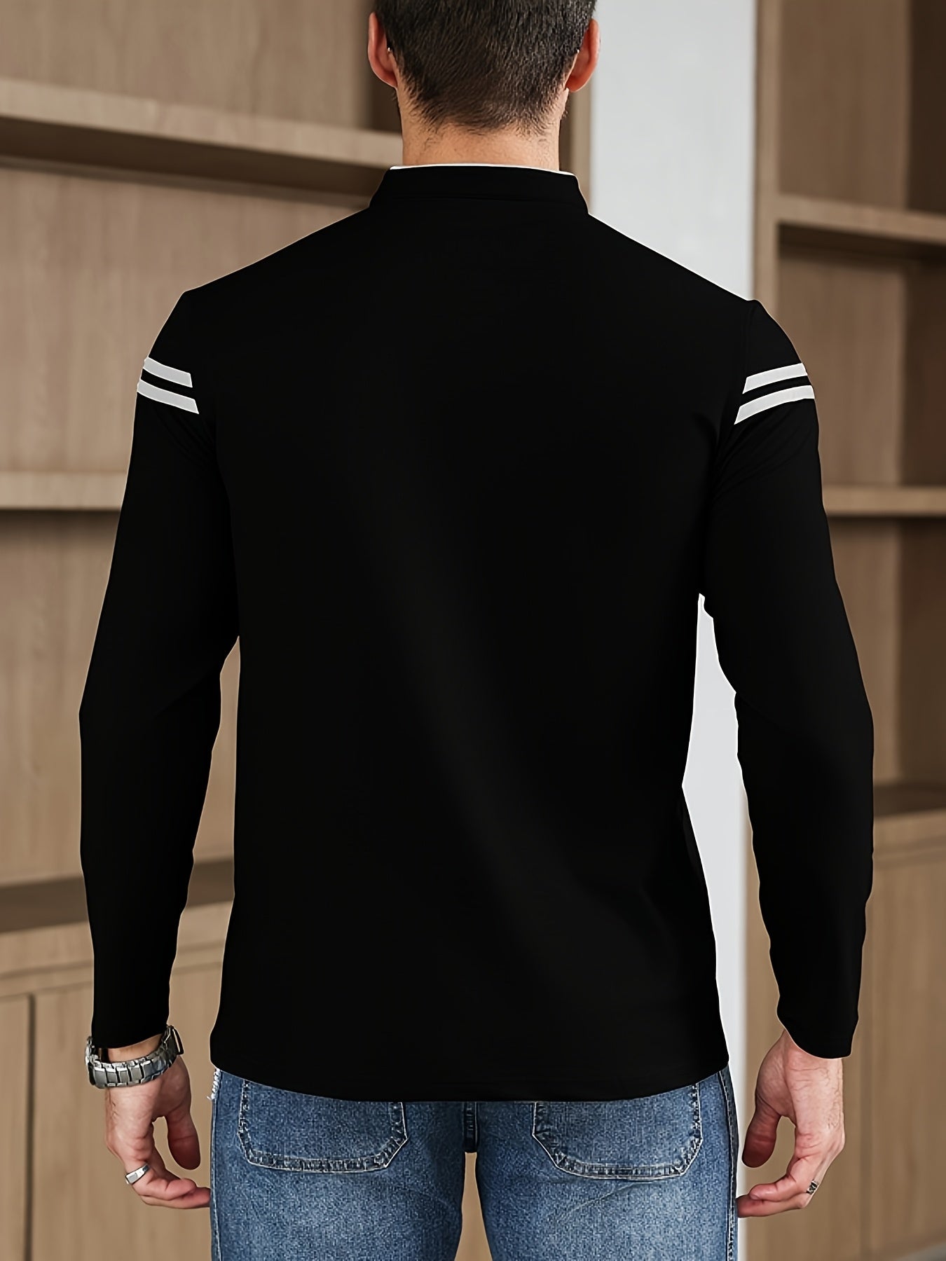 Men'S Casual Long Sleeve T-Shirt - Solid Color with Stand Collar & Stripe Polo, Button-Up Front, Ideal for Outdoor Activities