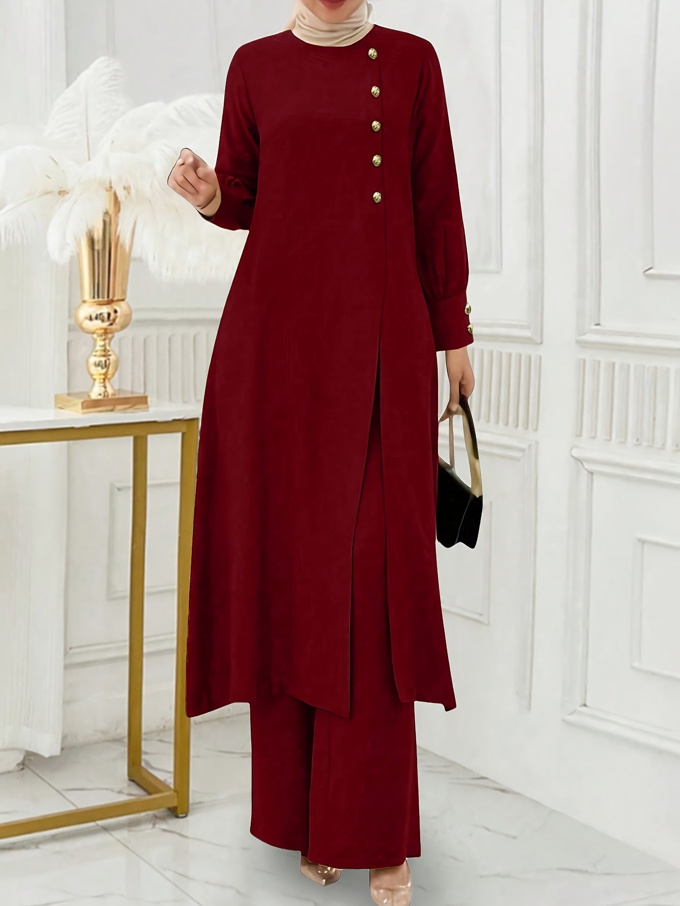 Ramadan, Women's Front-Button Long Sleeve Slit Dress & Pants Casual Arabic Style 2pcs Set, Only Clothes, Without Headscarf