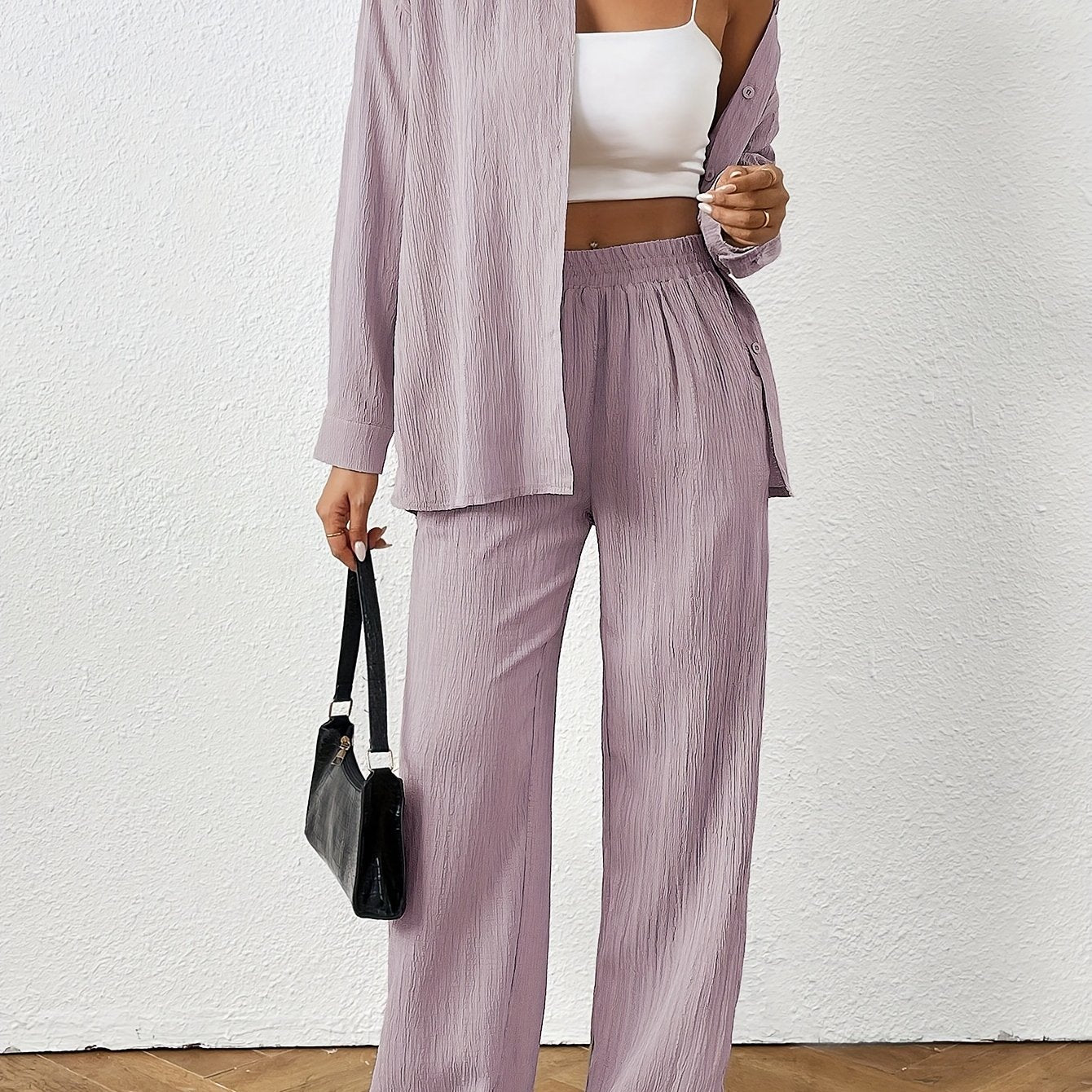 2pcs Women Spring & Autumn Casual Solid Color Long Sleeve Shirt And Pants Set