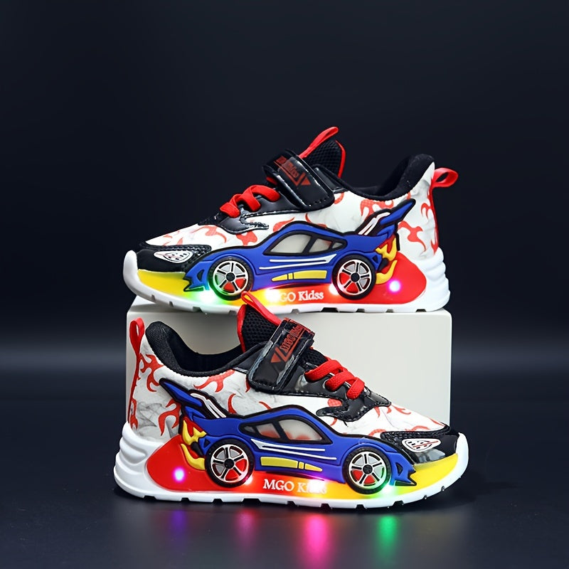 2024 Fall New Youngsters' Boys' Sports Shoes with Cartoon Flashing Lights - Youngsters' Light-Up Running Shoes, Thin, LED, for Ages 1-3-6, PVC Sole, EVA Insole, Hook & Loop Closure, Perfect for Casual Wear
