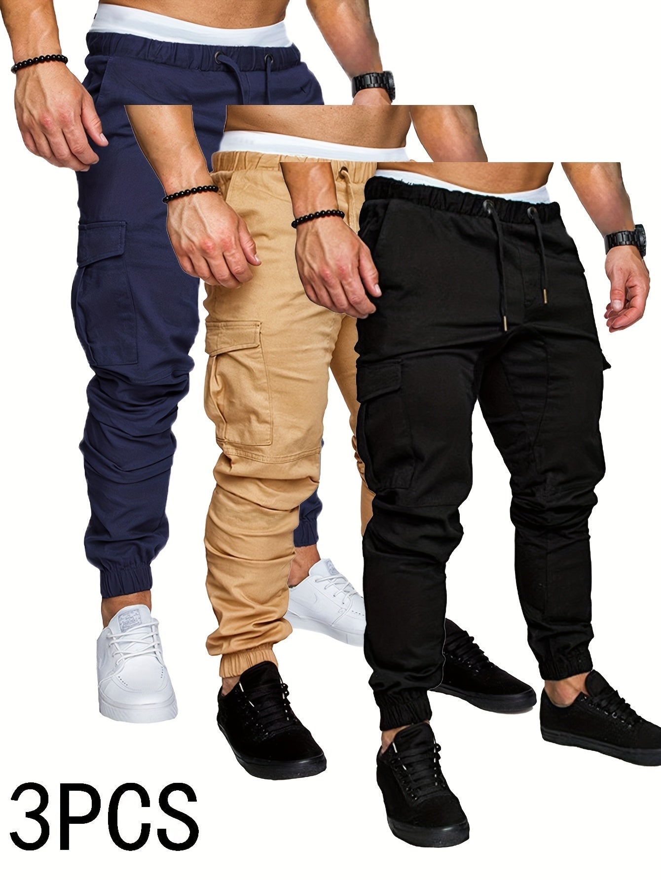 3-Pack Men'S Casual Cotton Cargo Pants, Solid Color, Non-Stretch, Regular Length, Drawstring Waist, Four Seasons, Standard Fit, Woven Fabric