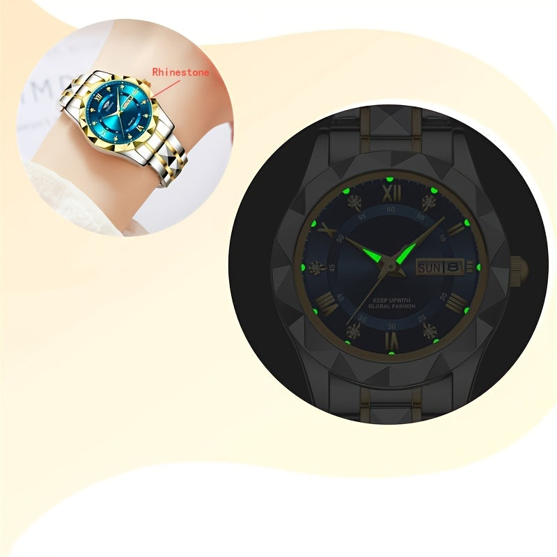 1pc Women's Stainless Steel Watch with Luminous Blue Dial, Date & Day Display, High Quality IPX7, Quartz Movement - Casual Elegant Design for Sports & Travel, Birthday Holiday Gift, Casual Attire, Secure Clasp Wristwatch
