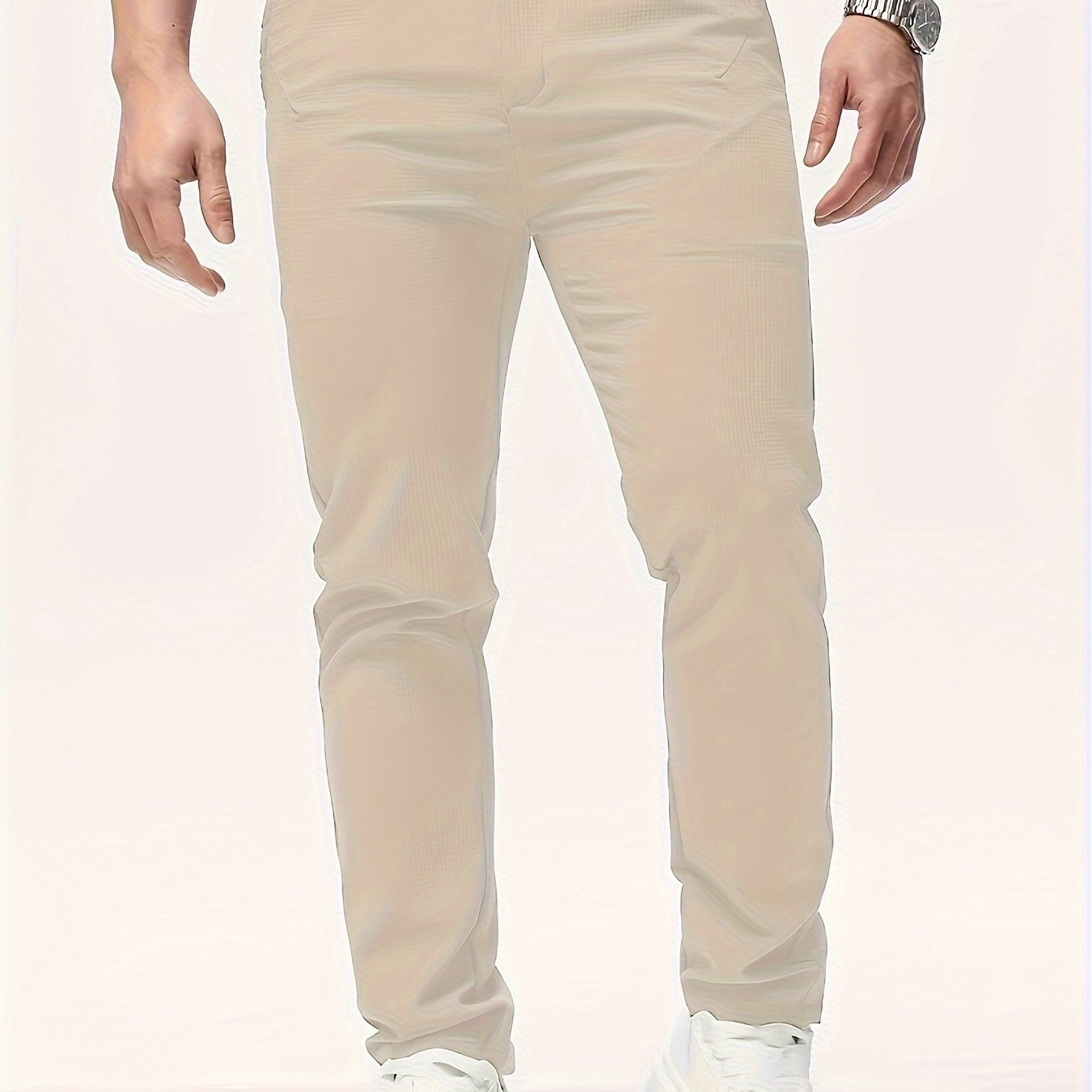Men's Casual Solid Color Pants - Polyester, Machine Washable, Button Detail, Regular Fit for All Seasons