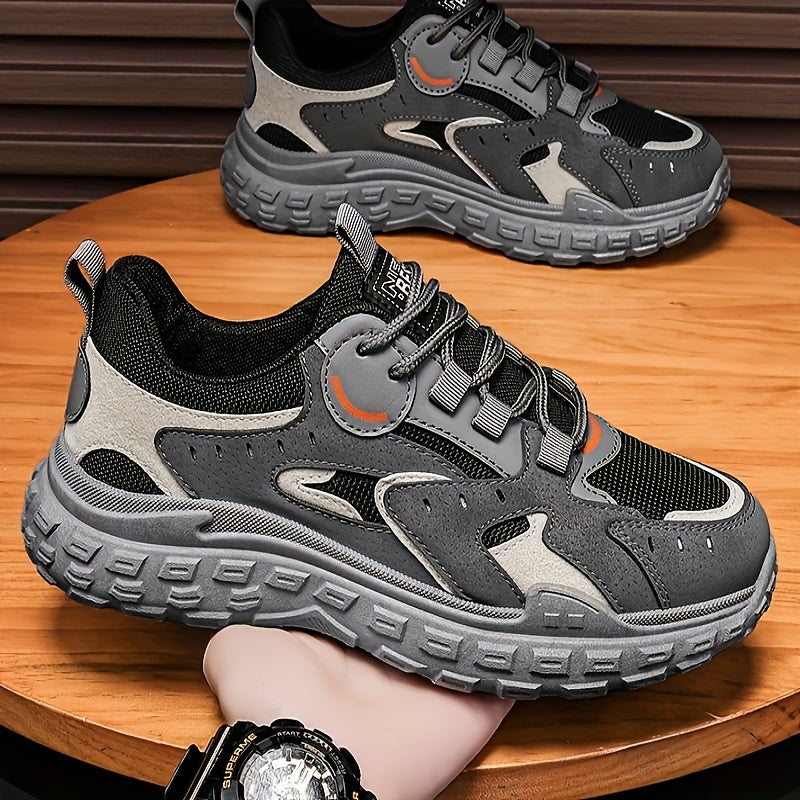 Men's Trendy Chunky Sneakers - Breathable Mesh & PU Upper, Durable PVC Sole, Lace-Up Casual Sneakers in Gray, Black & Orange, All-Season Comfort for Casual Attire