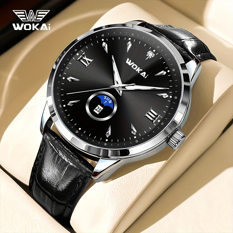 WOKAI Men's Sporty Watch with Glowing Dial, World Time & Date, Round Plastic Case, Faux Leather Strap, Battery-Powered, Perfect Gift for Spring & Summer