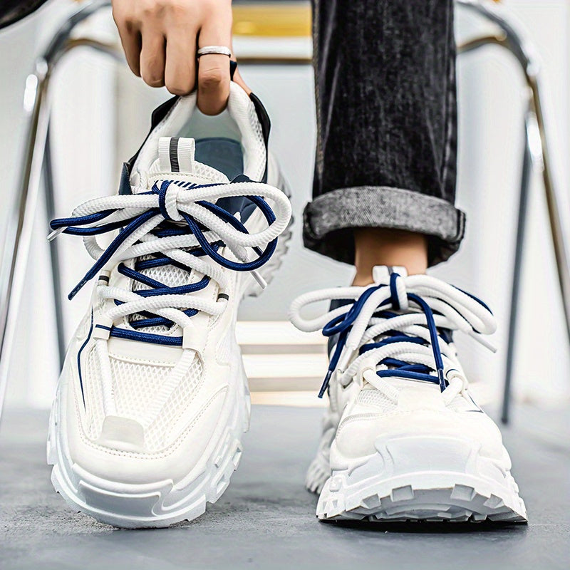 Men'S Breathable Mesh Sneakers with Thick Cushioned Sole - Lightweight Low-Top Lace-Up Shoes for Running, Hiking & Casual Wear, Navy Blue & White Design, All-Season Comfort, Sneakers, Hiking Footwear, Stylish Laceup Shoes, Du