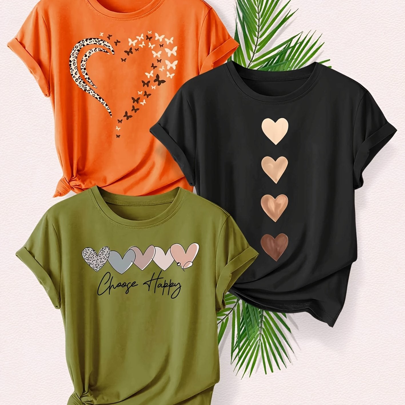 Leopard Print Small Butterfly Love Hearts in Pairs with English Letter Pattern Printed Fashion Retro Style Women's Spring, Autumn and Winter Casual Sports Top Round Neck Short Sleeve T-shirt 3pcs Combination Pack Family Pack