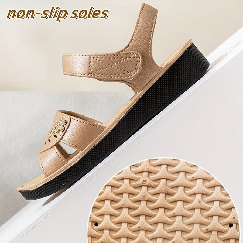 Women's Slip-On Sandals - Non-Slip Cushioned insoles, Beige/White - Low Heel Beach, Office, Everyday Shoes - Slip-Resistant Platform Footwear for Women, Ladies Shoes And Sandals, Crisscross Strap Design, Decorative Embellishm