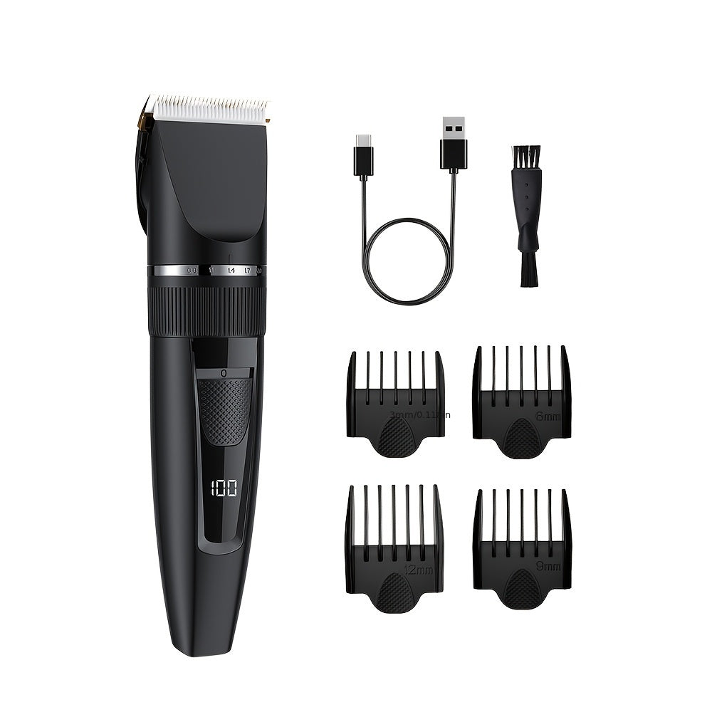 Professional Men's Electric Hair Clipper - Cordless, Adjustable, Rechargeable with LCD Display, USB Charging, for Hair, Face, Beard Trimming - ABS Material