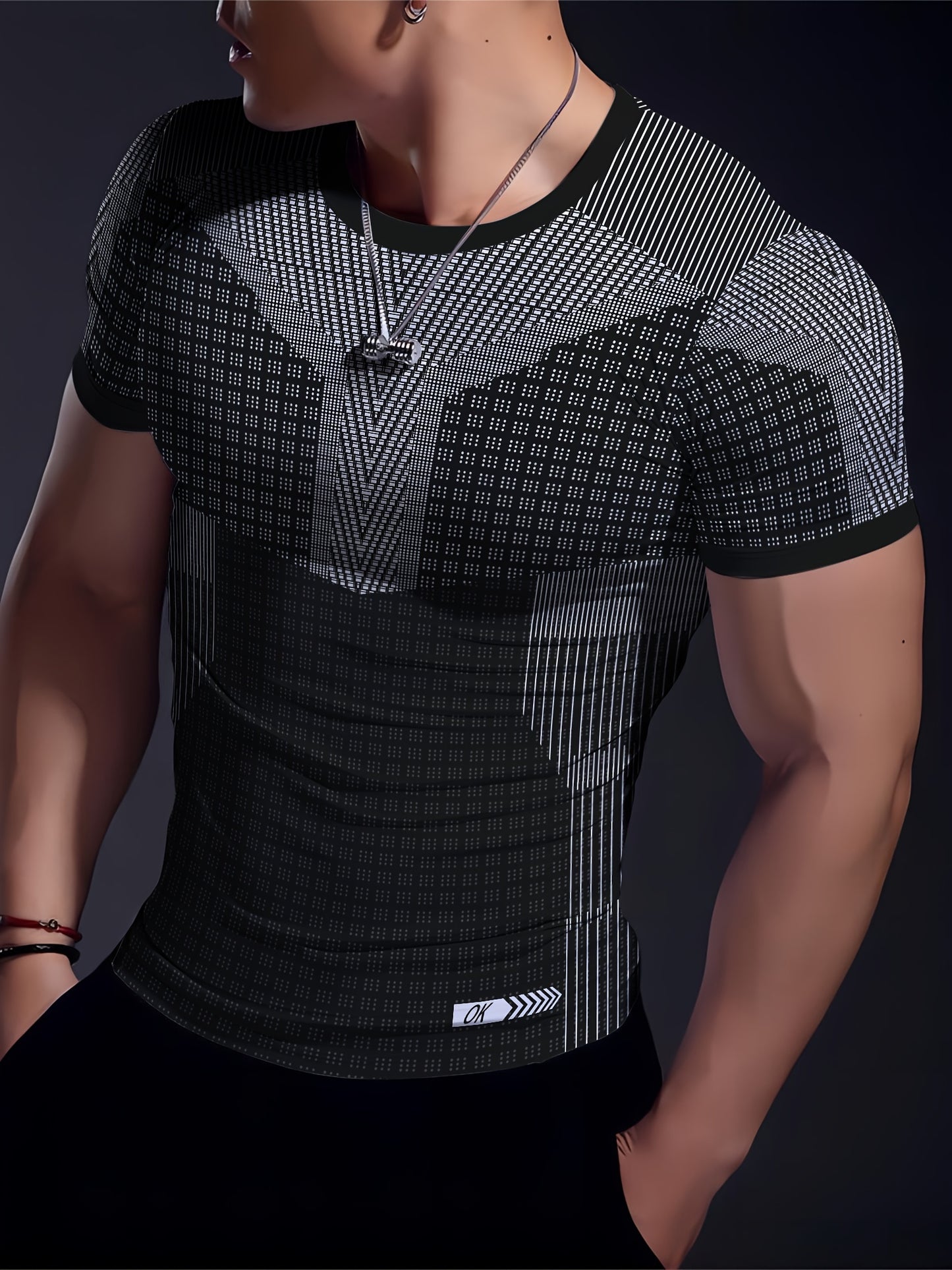 A Black And White Patterned Print Design, Men'S Sporty Fashion, Geometric Print High-Elastic Tight-Fitting Short-Sleeve Round-Neck T-Shirt, Quick-Drying Sports Top for Summer Fitness, Training, And Workout, with a Cool Feel,