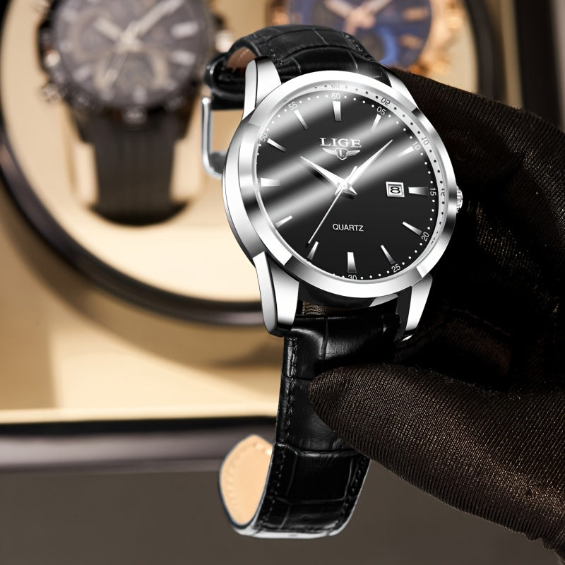 A Stylish Timepiece By LIGE Featuring A Blend Of Business And Casual Design, With A Faux Leather Strap, Alloy Case, And A Non-rechargeable Battery.