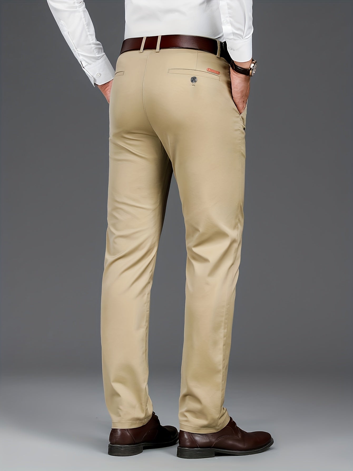 Men'S Stretch Fit Straight-Leg Trousers - Beige Business Casual Pants with Elastic Waistband, Perfect for Spring & Fall, Office Attire|Sleek Formal Attire|Comfortable Fit