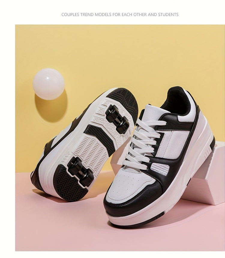 Kids Unisex Skateboard Shoes, 8-Wheel Removable Roller Skates, Plaid Fabric Low Top Sneakers, Lace-Up, TPR Sole, Fabric Insole, for Hiking & Casual Wear, Suitable for Boys & Girls Ages 14 and Under, All-Season