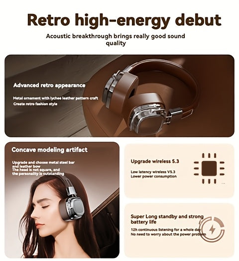 Vintage-Inspired Over-Ear Wireless Headset With Wireless 5.3 Chip - No Lag Gaming, Hi-Fi Sound & Deep Bass, Long-Lasting 350Mah Battery, Ideal For Music Lovers & Athletes