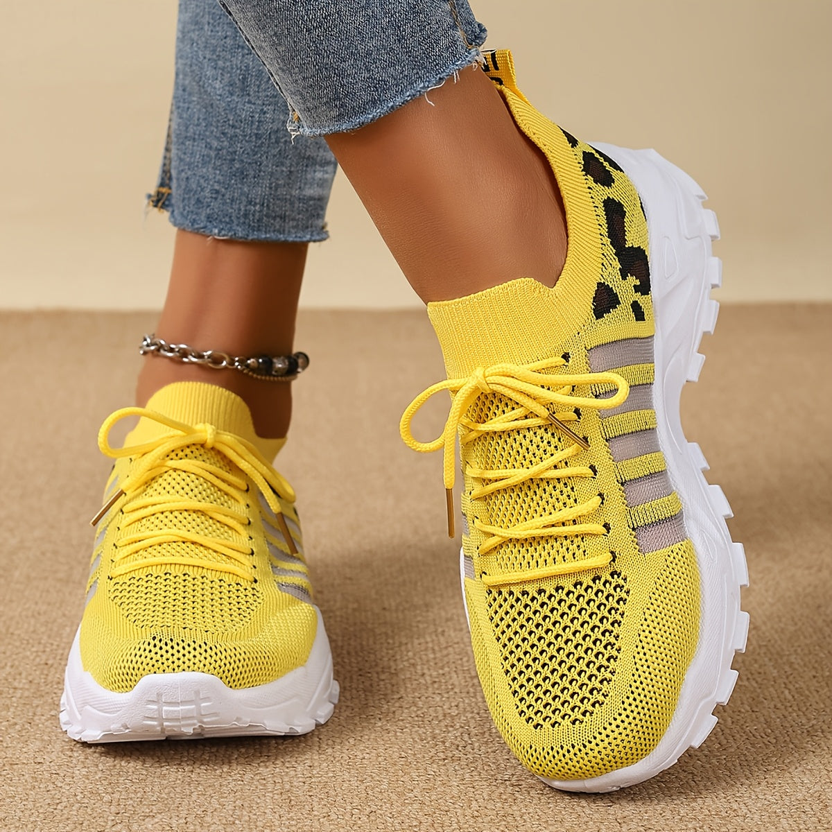 Women's Fashion Leopard Print Lace-Up Sneakers, Breathable Mesh Walking Shoes for Spring/Summer, Lightweight Comfortable Casual Sports Control Footwear with PVC Sole and Microfiber Insole