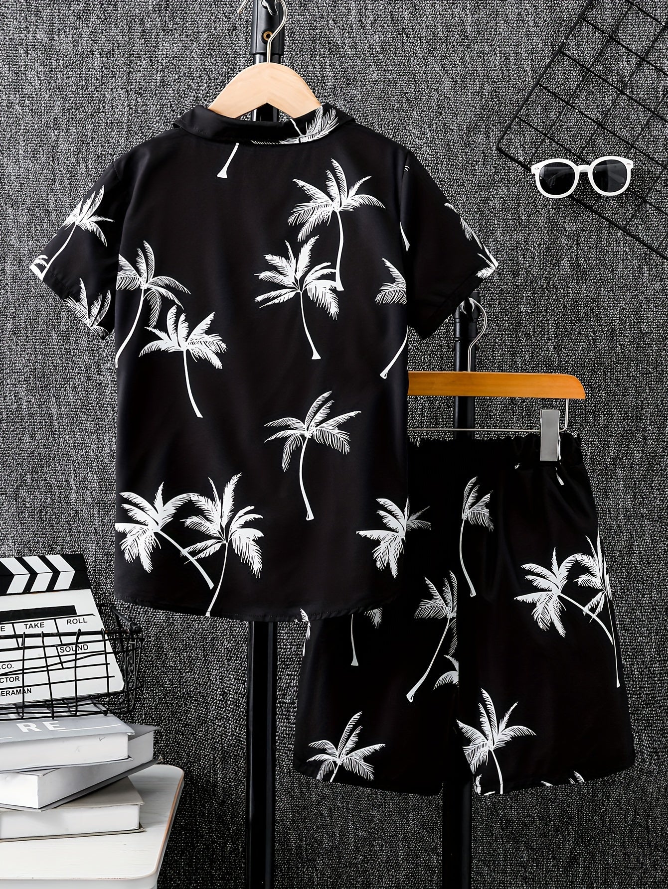 2pcs Boys Casual Coconut Tree Graphic Print Short Sleeve Lapel Shirt & Shorts Set, Comfy Summer Boys Clothing For Daily & Outdoor Wear
