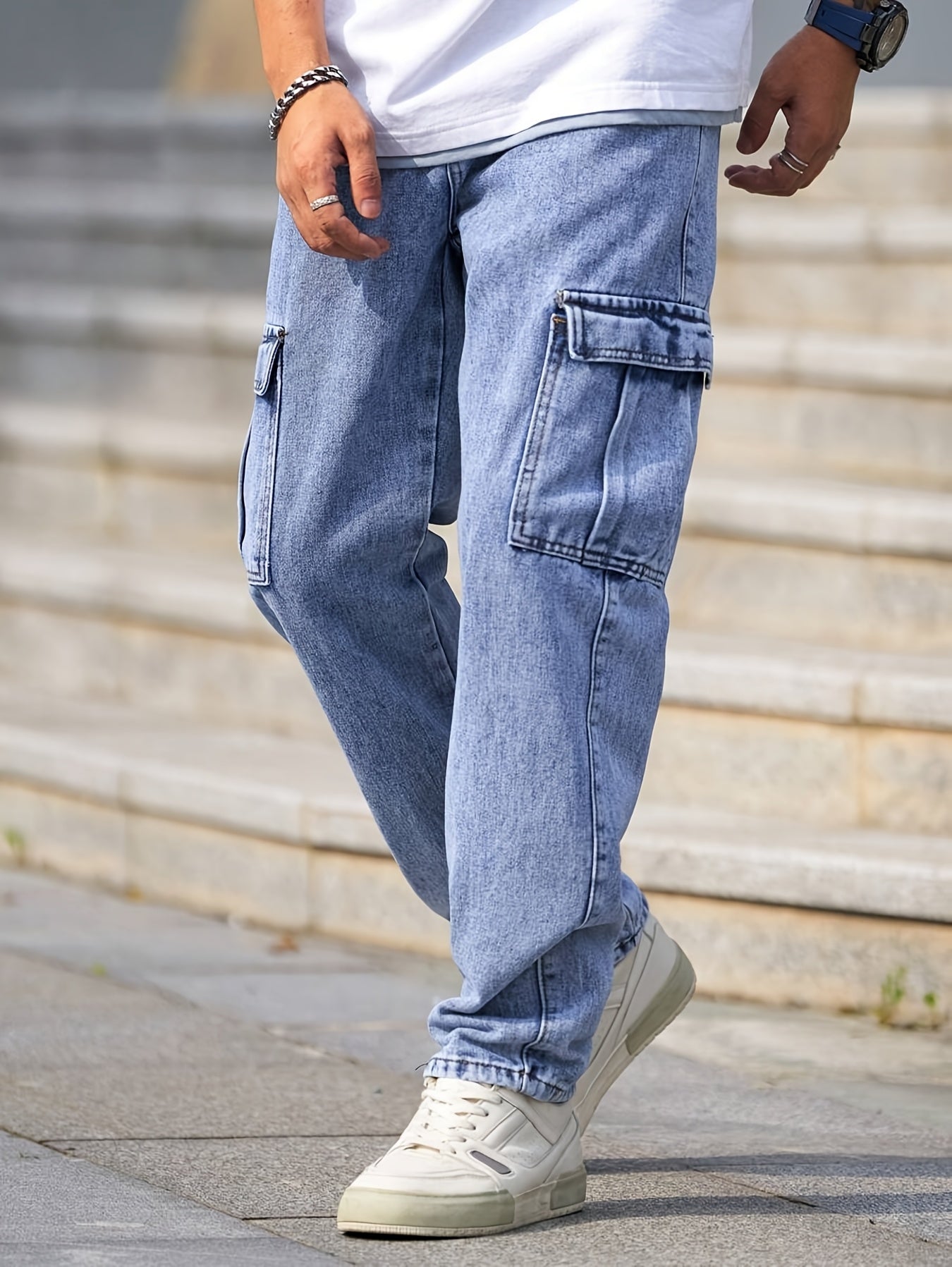 Men's Multi-Pocket Cargo Jeans - Casual Loose Fit Denim with Flap Pockets, Durable Cotton Blend, Ideal for All Seasons, Casual Wear Pants | Classic Blue Jeans | Cotton Blend Jeans