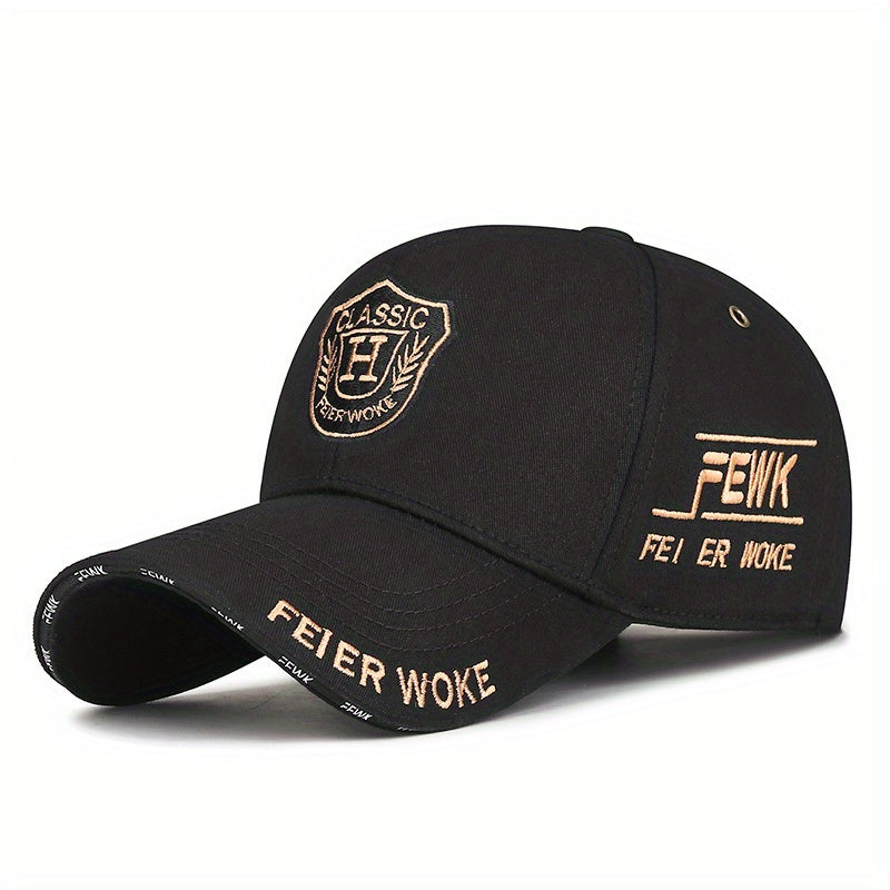 FEWK Unisex Baseball Cap | Breathable Polyester | Adjustable Fit | Embroidered Logo & Golden Badge | Stylish Streetwear for Spring/Autumn, Outdoor Headwear | Golden Badge Design | Durable Cap