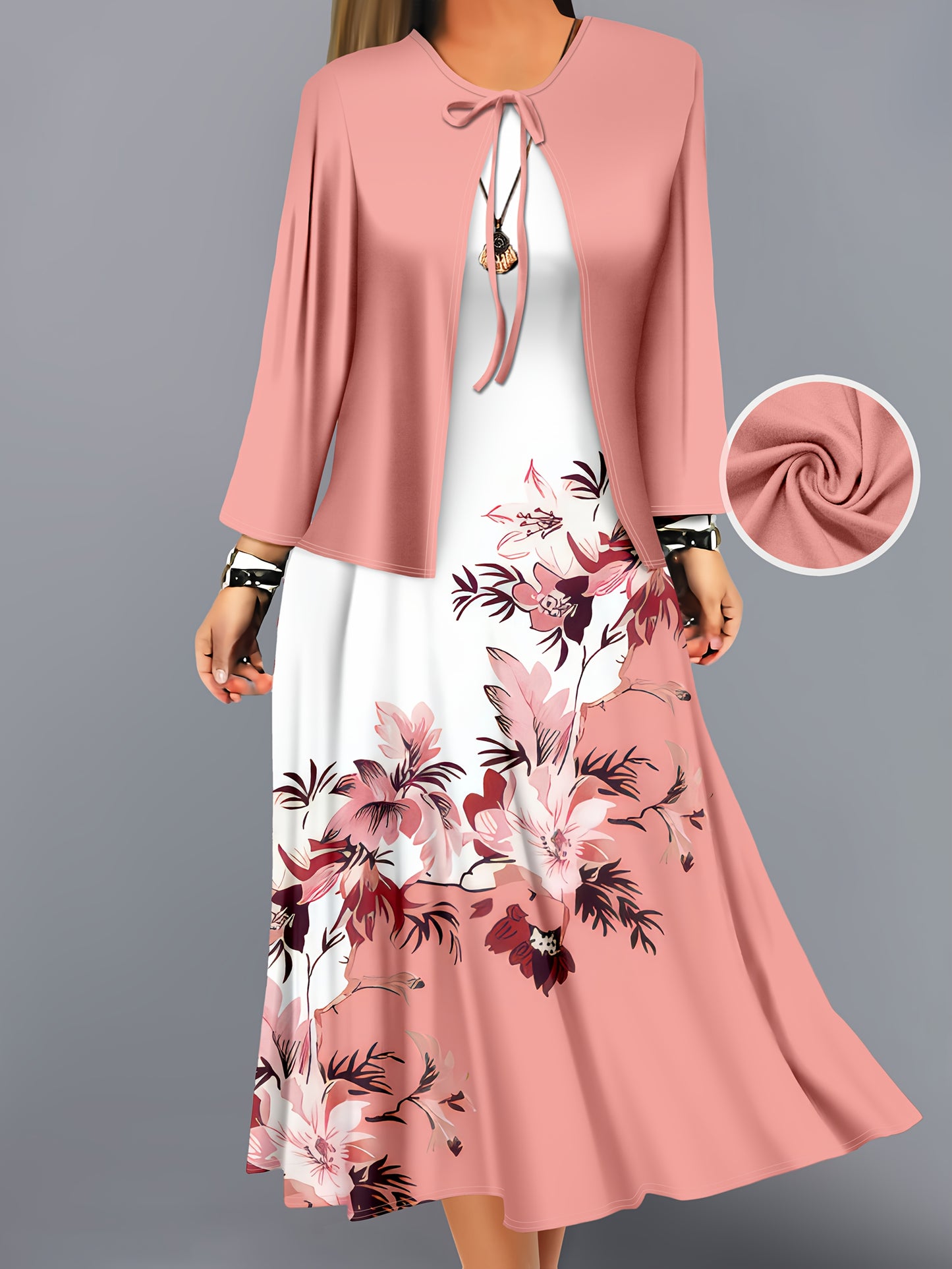 Fashion Women's solid color small cardigan and floral print patchwork dress two-piece set