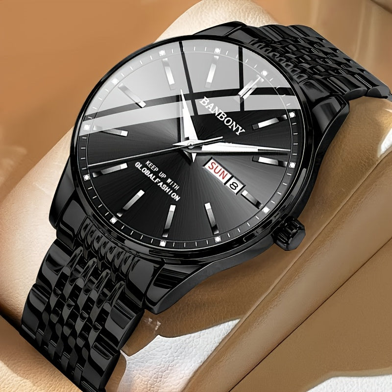 Banbony Men'S Stainless Steel Band Luminous Calendar Watch, IPX7 Waterproof, Quartz Movement, Round Zinc Alloy Case, Casual Fashion Style, with Pointer Display, Battery Powered, Non-rechargeable Button Battery, for B day