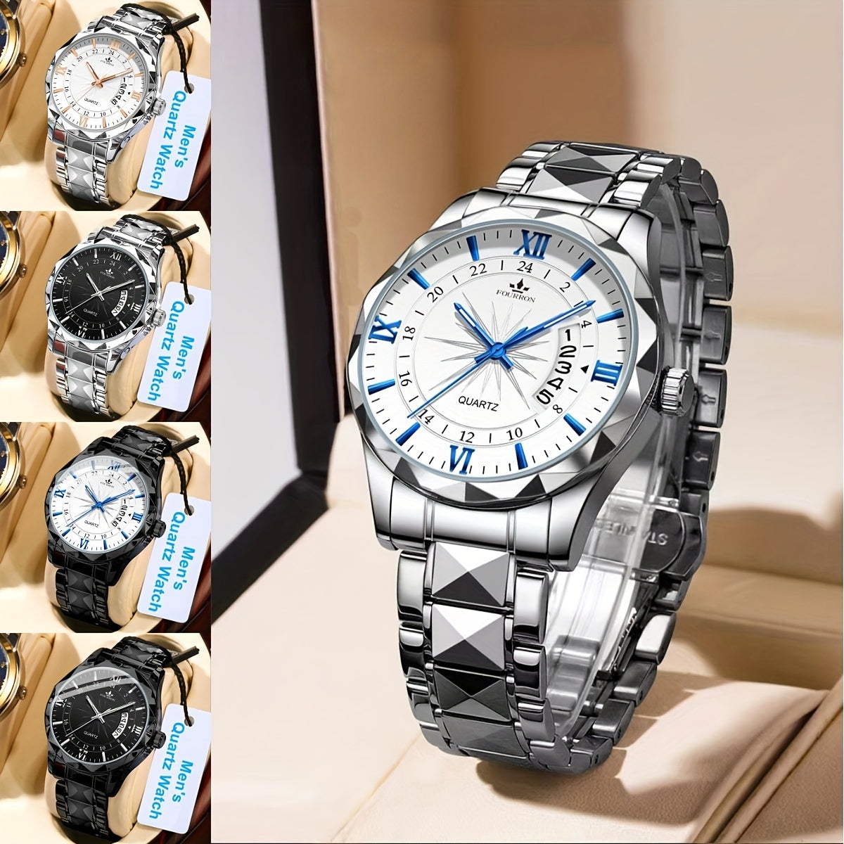 A New FOURRON Brand Men's Quartz Watch With Stainless Steel Strap And Case, Trendy And Luxurious Multi-functional Roman Numeral Dial, Luminous Watch, A Great Gift For Friends' Birthdays, Holidays, And Parties.