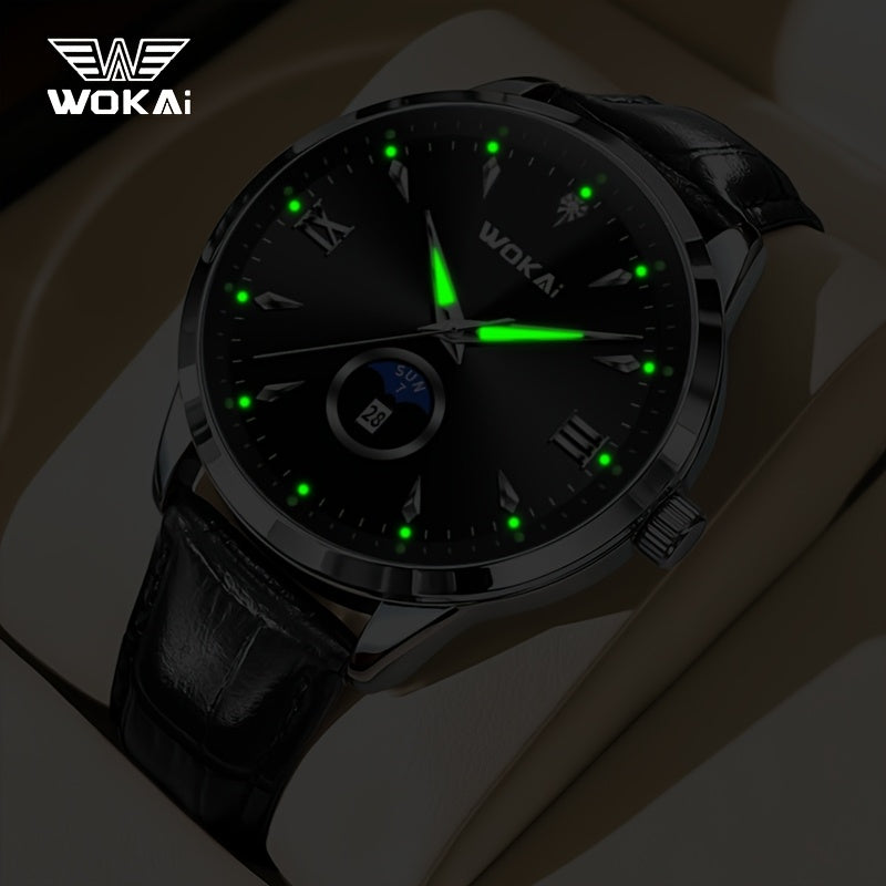 WOKAI Men's Sporty Watch with Glowing Dial, World Time & Date, Round Plastic Case, Faux Leather Strap, Battery-Powered, Perfect Gift for Spring & Summer