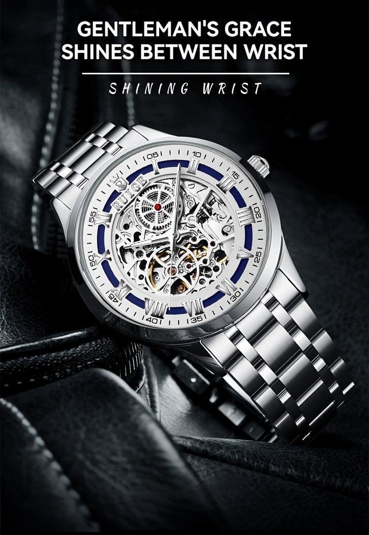 Dianpai Men'S Luxury Automatic Mechanical Watch - Skeleton Design, Stainless Steel Strap, Blue & White Dial, Mechanical Movement, Ideal for Christmas, Thanksgiving, and Spring Festival, Without Battery