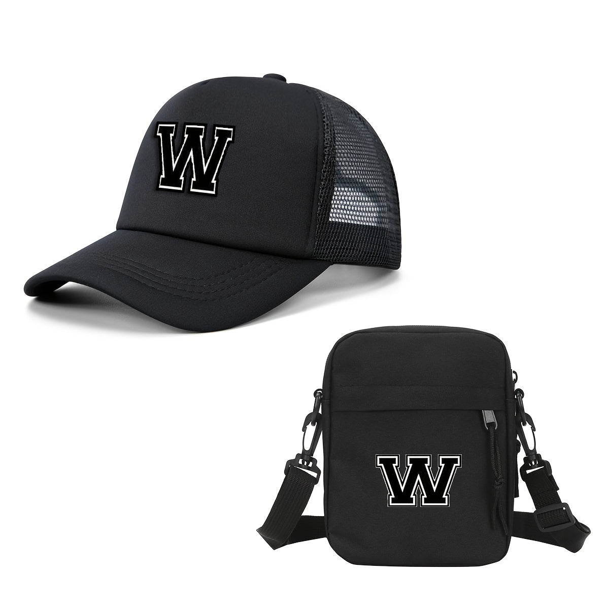 2pcs Men'S And Women'S 26-Letter Printed Trucker Hat & Bag Set, Mesh Breathable Versatile Casual Sun Hat, Suitable for Holiday Vacation, Mountain Climbing, Camping, Outdoor Street And Other Scenes, Suitable As a Birthday, Hol