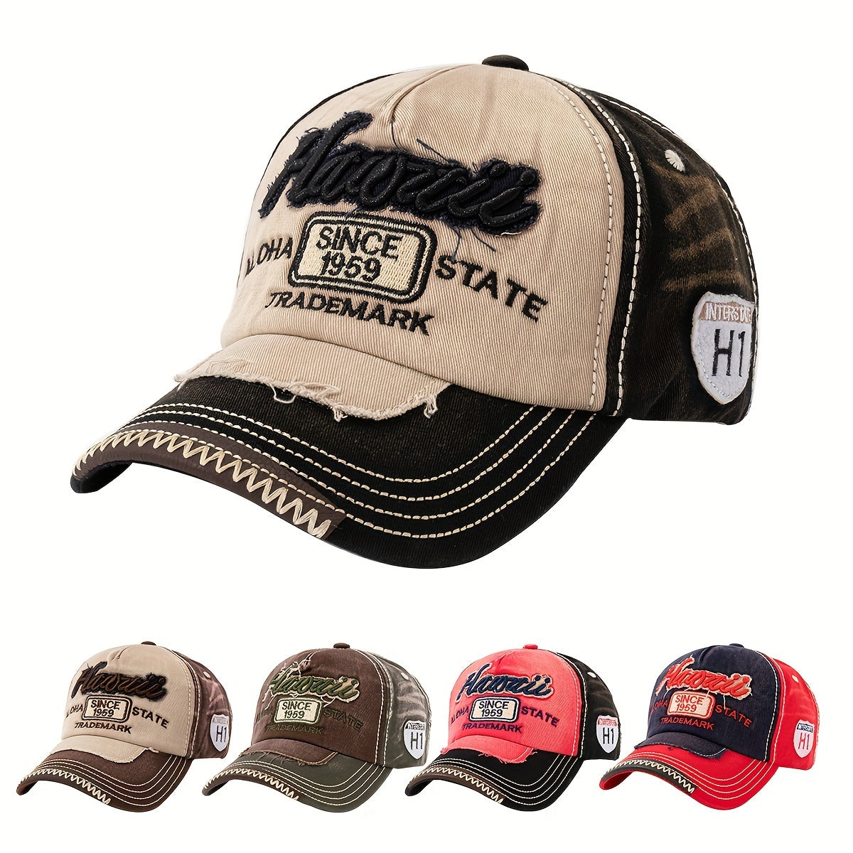 Vintage "Hawaii" Embroidered Baseball Cap - Distressed Two-Tone Design, Breathable Cotton, Adjustable Fit, Casual & Travel Hat (Beige/Black, Brown/Red, Red/White)