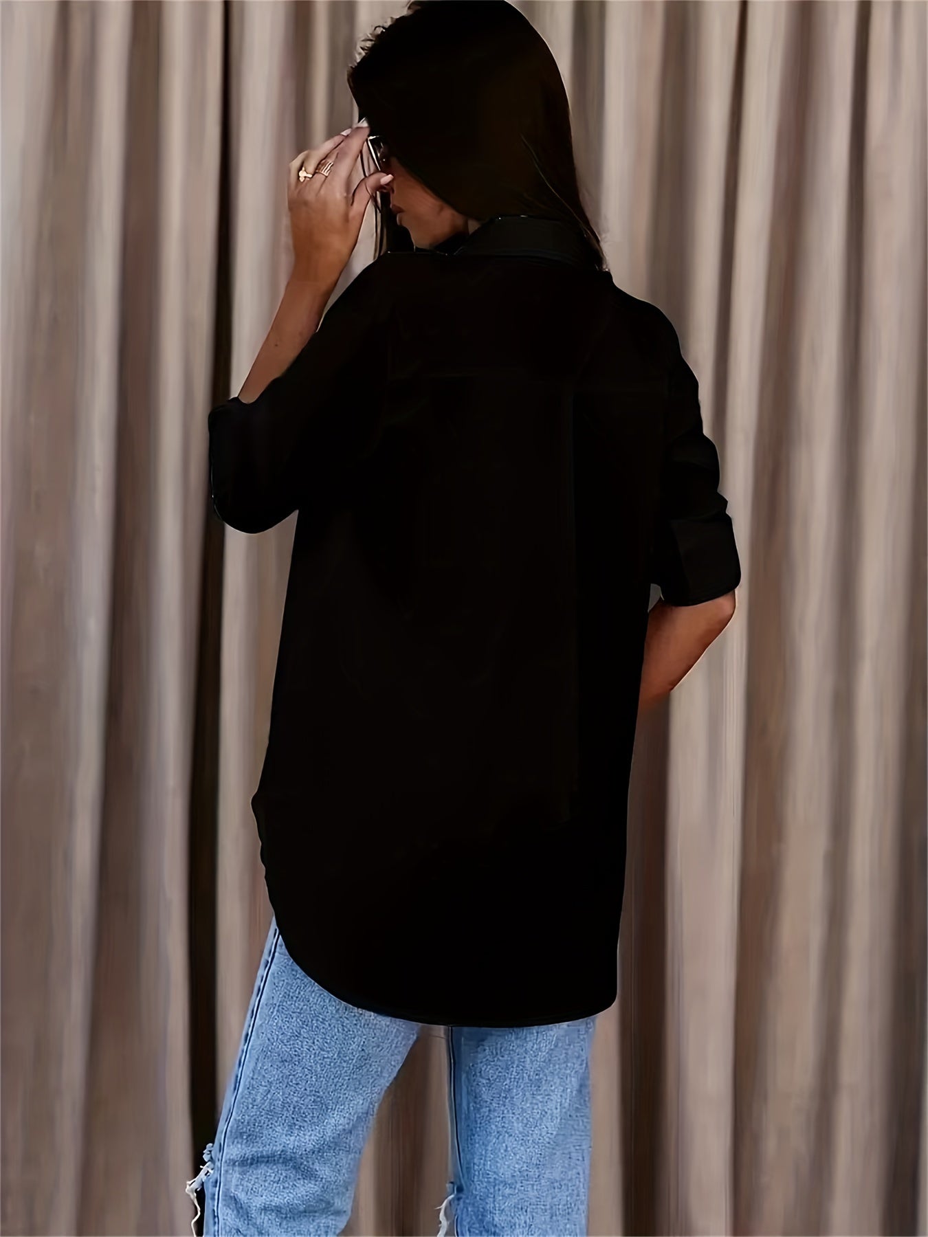 Solid Rollable Sleeve Shirt, Casual Button Front Work Office Shirt With A Collar, Women's Clothing
