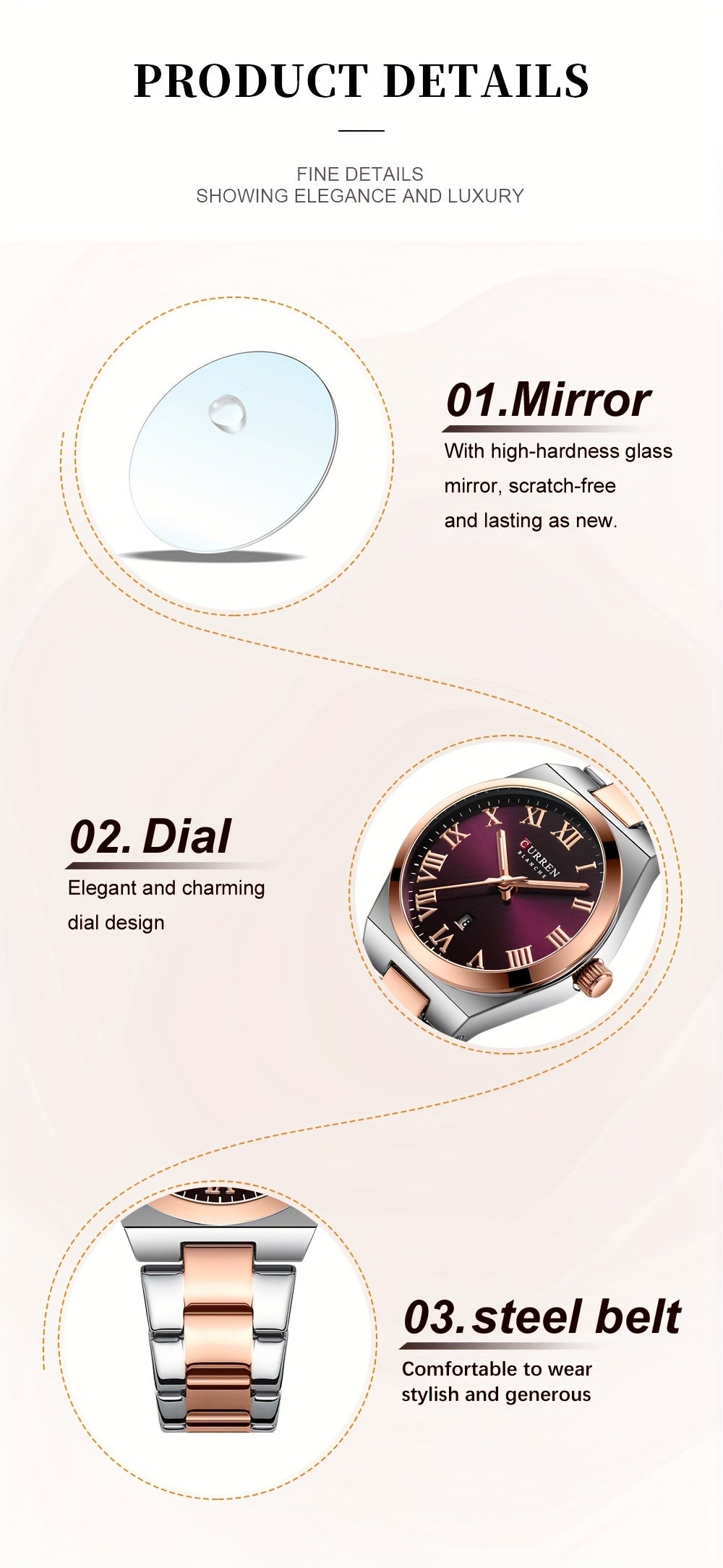 Fashionable Brand Of CURREN Ladies' Watches With A Casual And Simple Stainless Steel Strap, Featuring A Calendar And Quartz Movement.