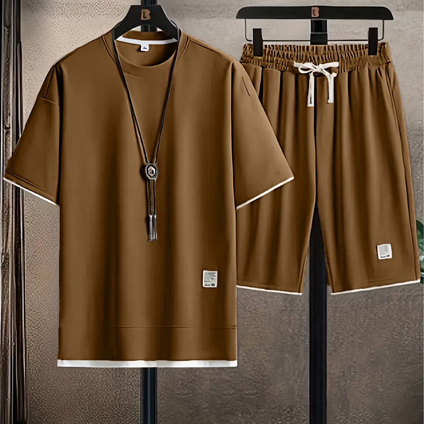 Waffle Grid Men's Trendy Round Neck T-shirt Breathable Casual Sports Suit Loose Two-Piece Set